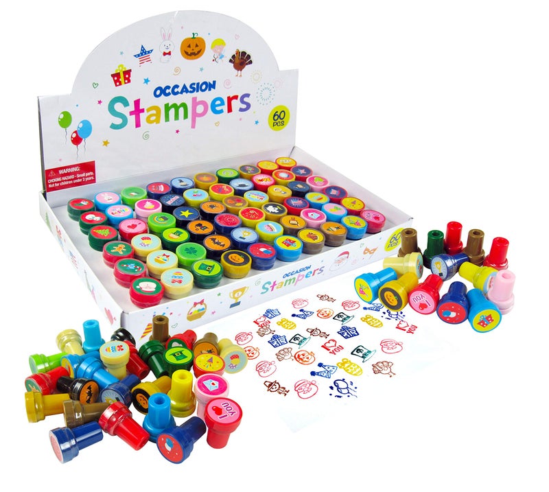 TINYMILLS 60 Pcs Holidays and Occasions Assorted Stampers for Kids 60 Different Stamper Designs Scrapbooking Craft Stampers Teacher Stampers - Image 1